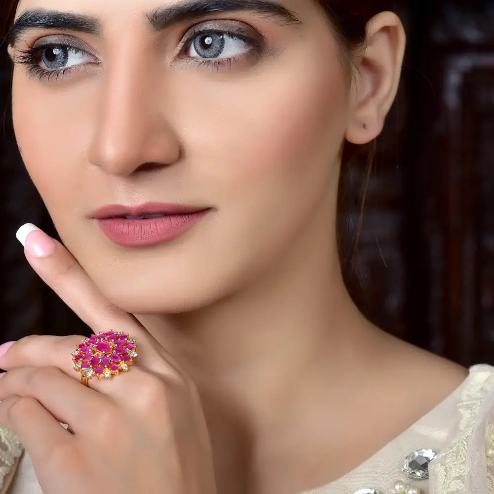 (Blossom Statement Ring (red)) shown in close up from Al Musk Jewellery collection.