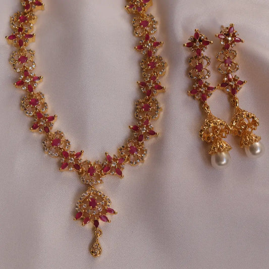 Image of (Indian Rosewater CZ Necklace Set with long Earrings) from an exquisite collection by Al Musk Jewellery.