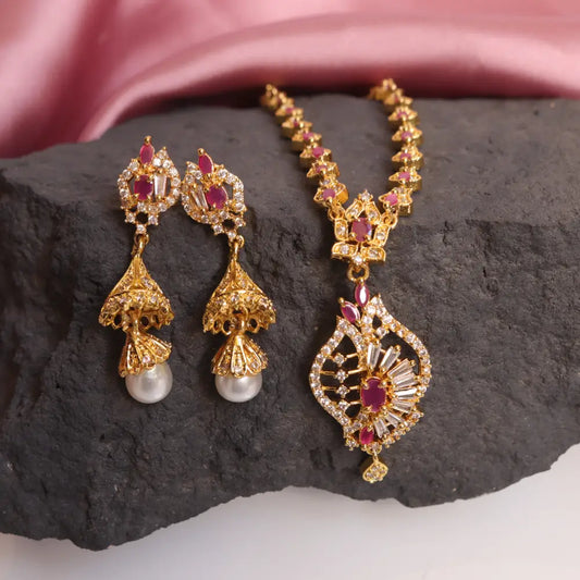 Image of (Ruby CZ Indian Necklace Set with long Pear Earrings) from an exquisite collection by Al Musk Jewellery.