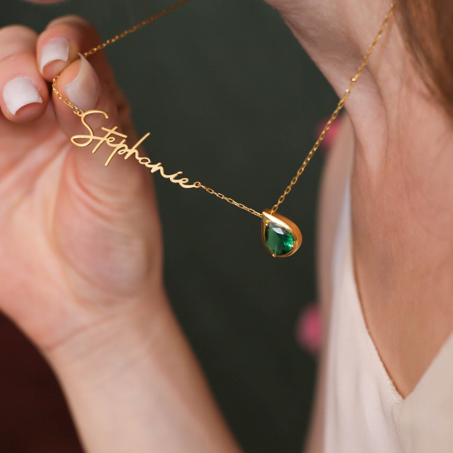  (Emraled Personalized Custom Necklace shown in close up from Al Musk Jewellery collection.