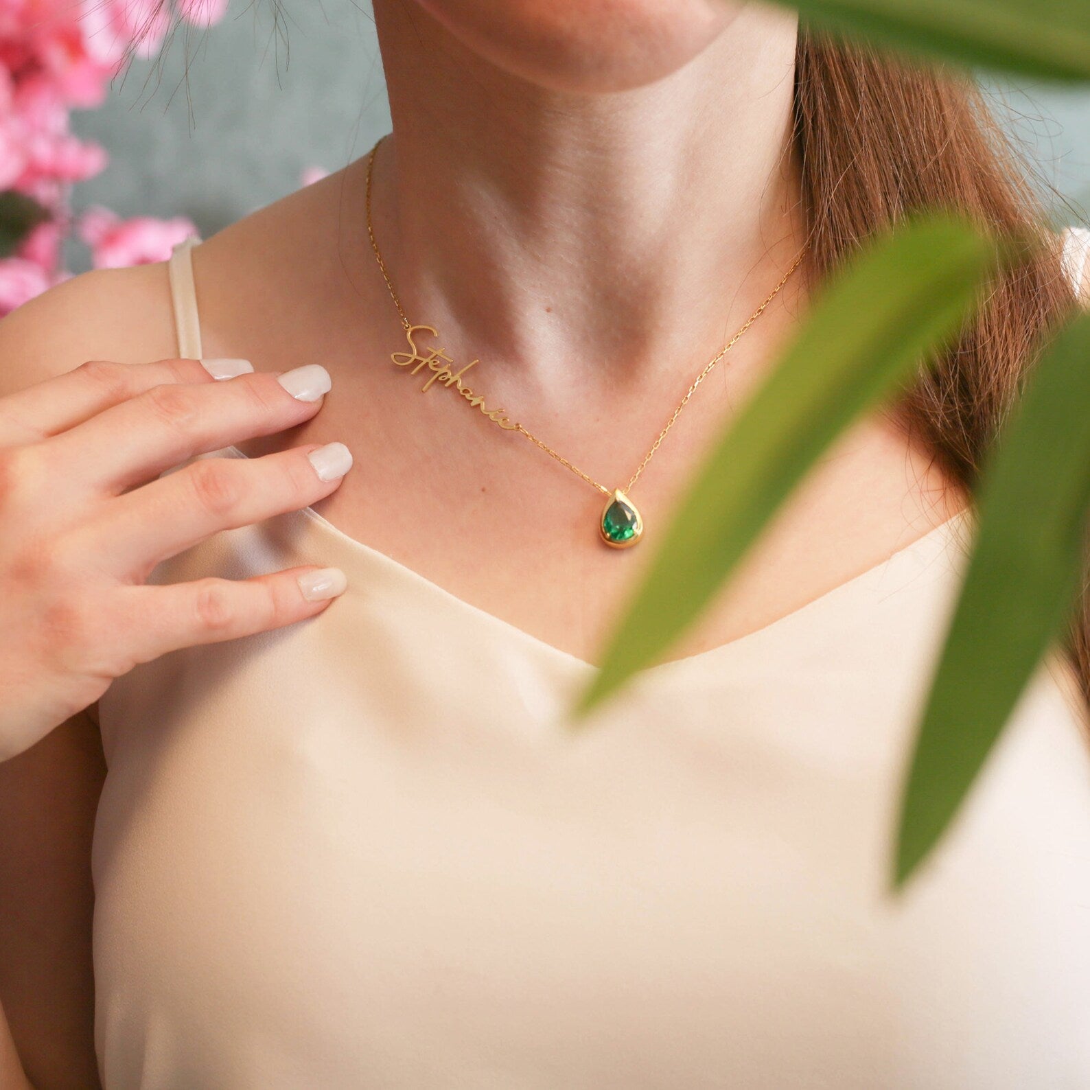Another closeup showing intricate details of Al Musk Jewellery's (Emraled Personalized Custom Necklace).