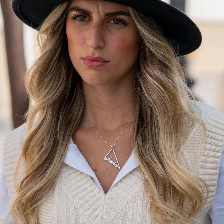 (Pyramid Naming Necklace) shown in close up from Al Musk Jewellery collection.